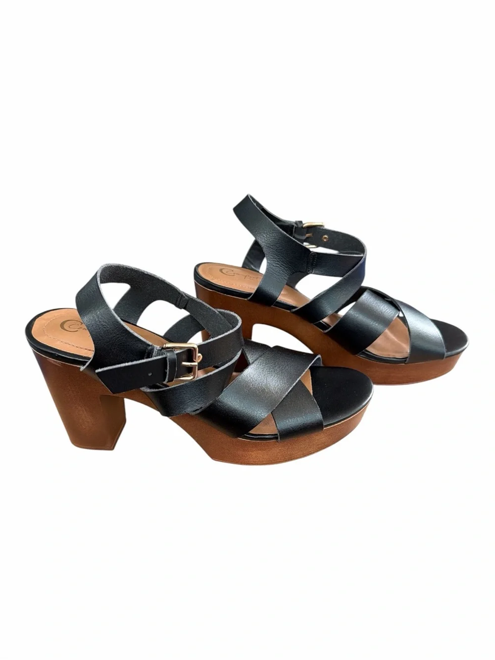 Comfort Black Platform Block Heel Sandals Women’s 9M Buckle Strappy